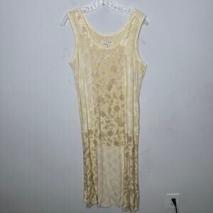 Citron‎ Vintage Sleeveless Maxi Dress M Beige Gold Floral Asian Inspired Rayon